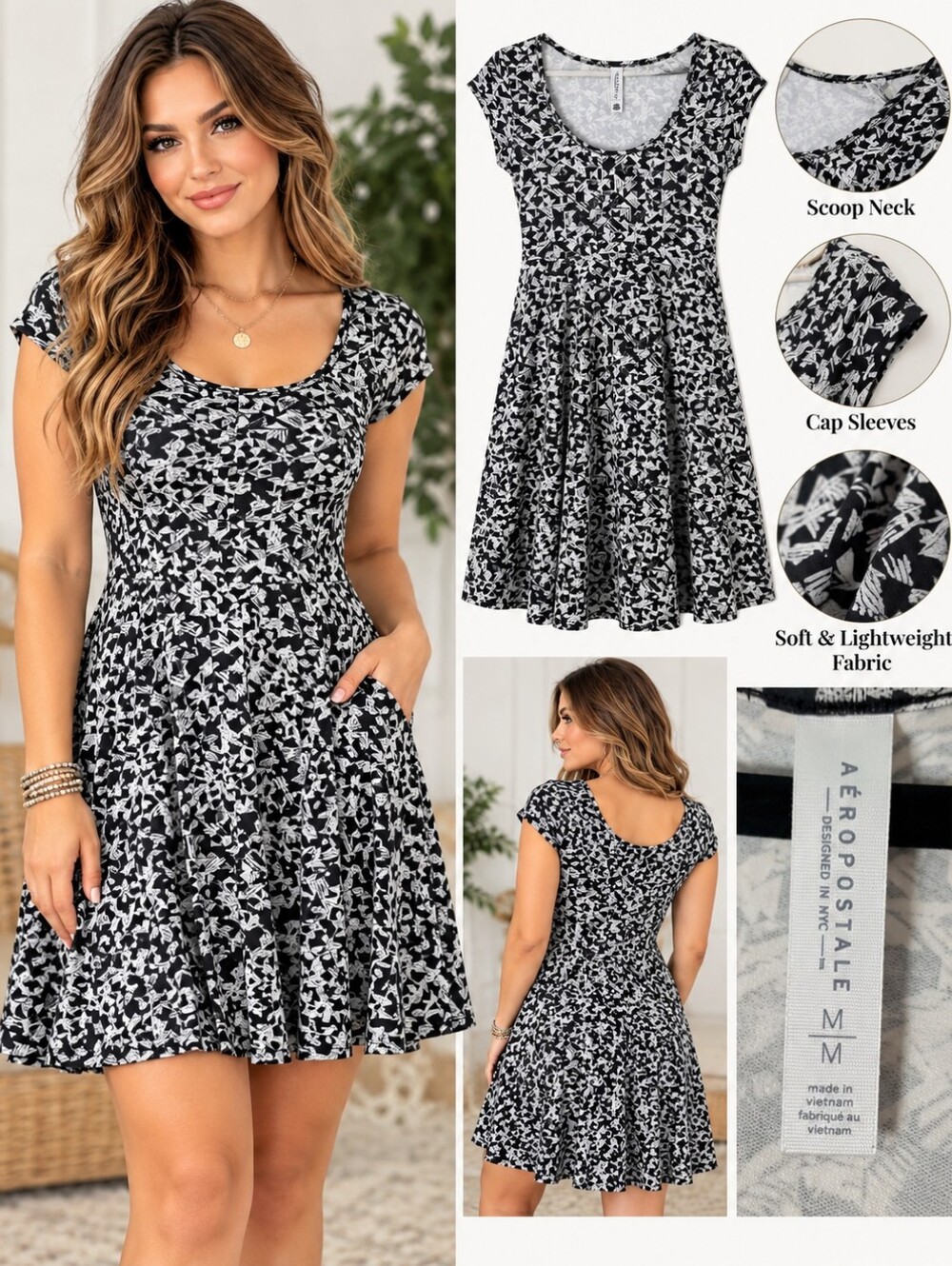 Areopostale Black & White Geometric Scoop Neck Midi Dress